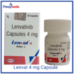 Lenvat 4 mg a white bottle with a red and blue label next to a box