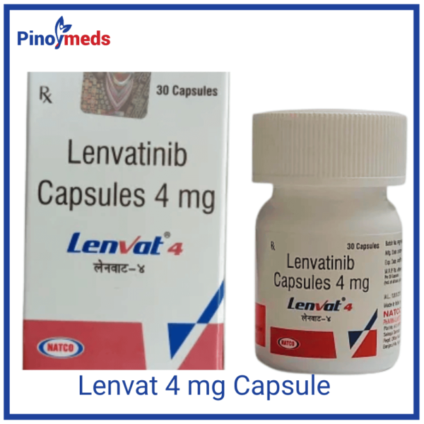 Lenvat 4 mg a white bottle with a red and blue label next to a box