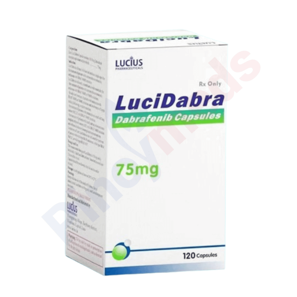 LuciDabra 75 mg Capsule - a white box with blue and green text